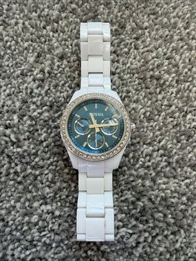 Fossil Stella Watch - White Band with Blue Dial and Rhinestone Bezel